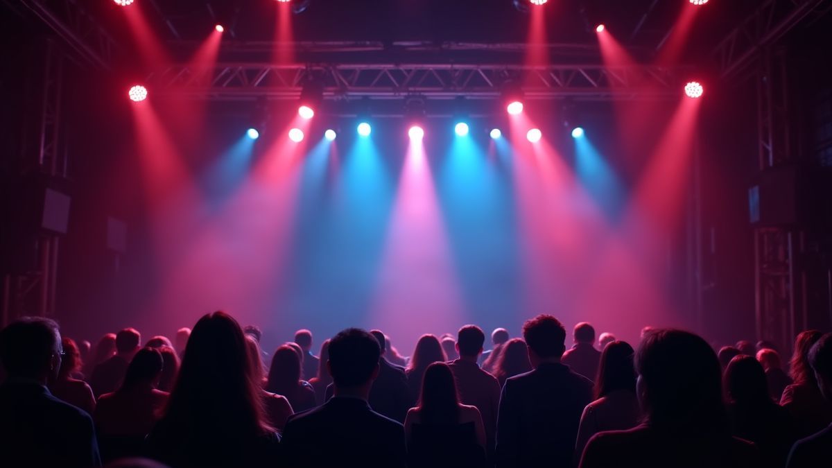 Un escenario glamuroso lleno de luces brillantes y una audiencia televisiva.