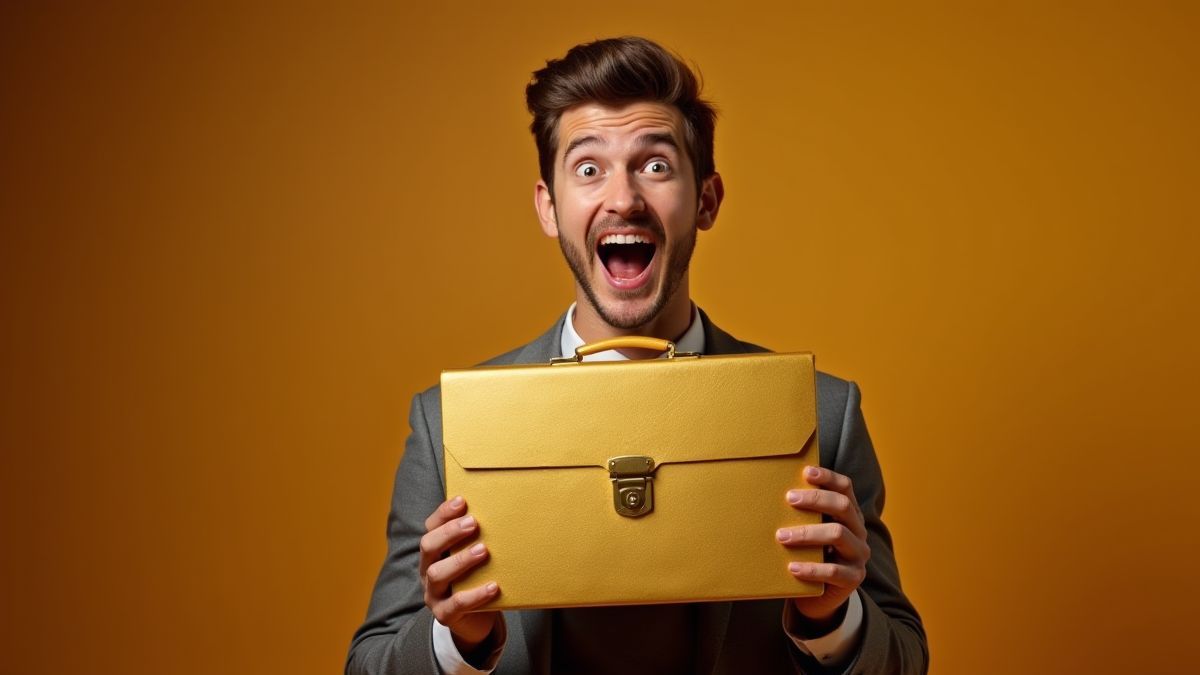 Un concursante sosteniendo un maletín dorado con expresión de emoción.