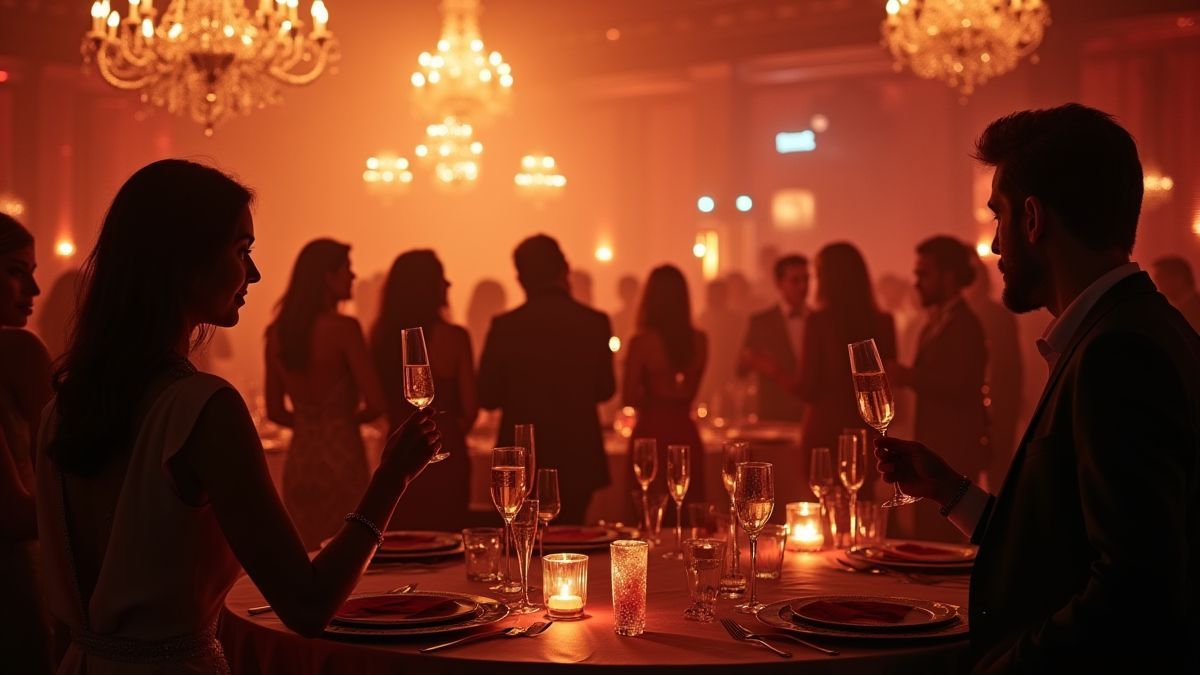 Luxuriöse Party mit elegant gekleideten Menschen und Champagnergläsern.
