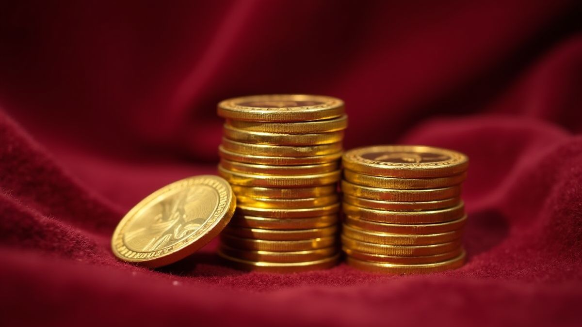 Stapel von Goldmünzen auf Samt.