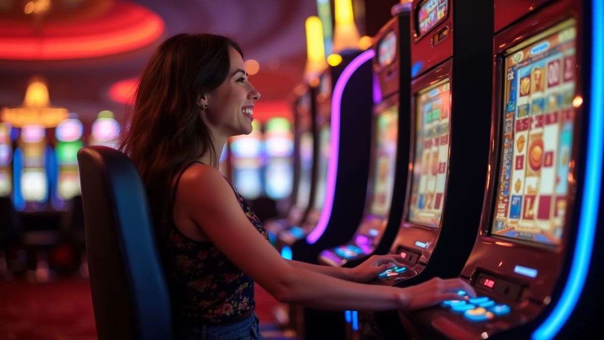 Spieler genießt einen Slot in einem luxuriösen Casino.