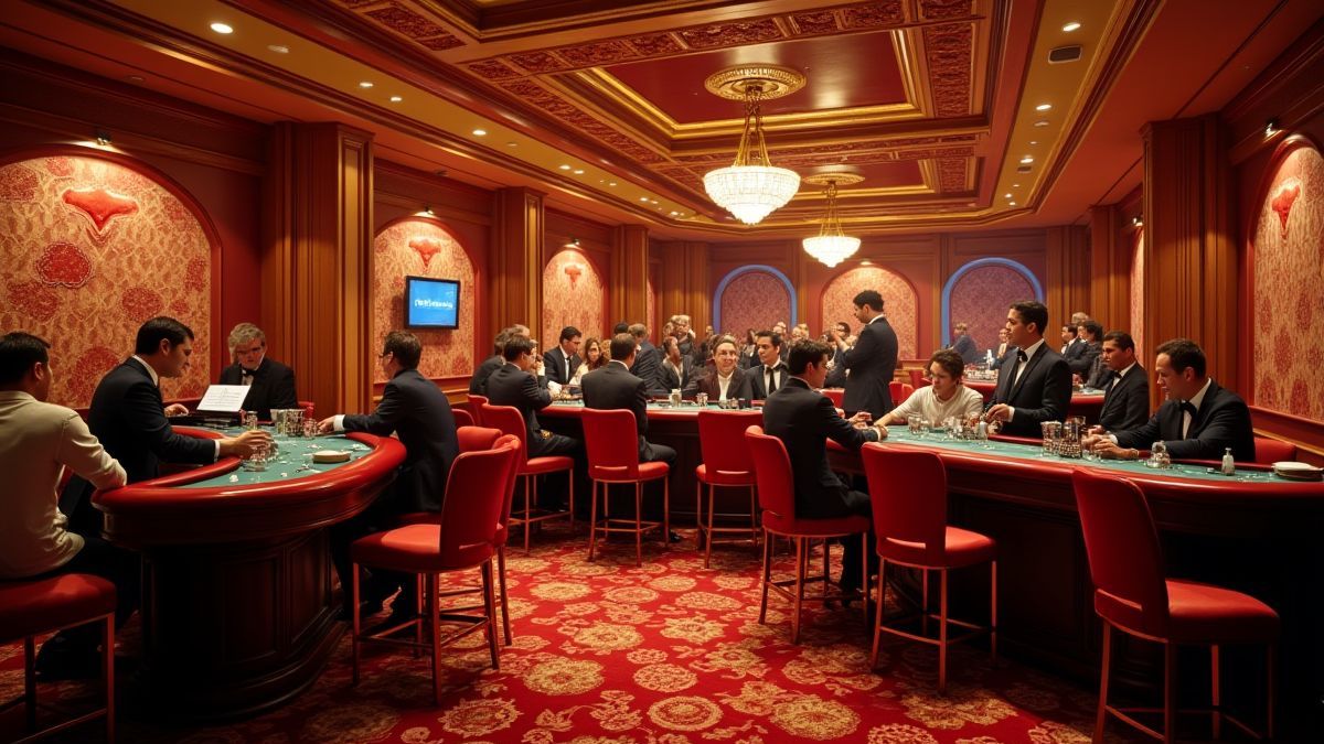 An elegant Art Deco casino interior with jazz musicians.