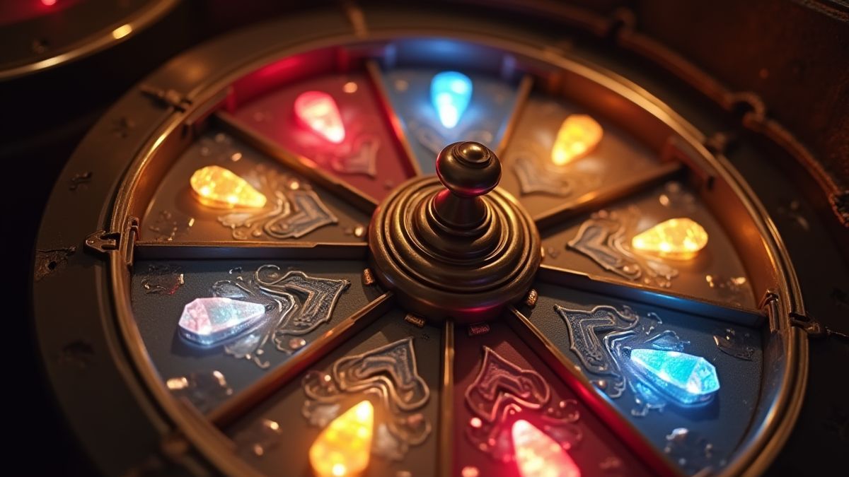 A spinning bonus wheel with bright segments in silver, gold, and diamond colors.