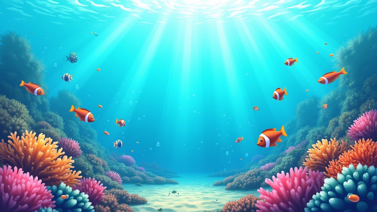 A coral reef filled with exotic fish and bubbles rising.