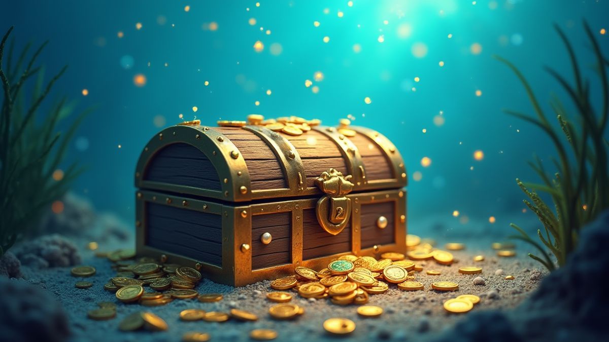 A treasure chest underwater surrounded by gold coins and shining gems.