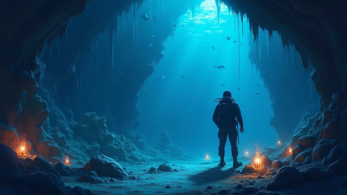A diver exploring underwater caves with glowing fish and mysterious artifacts.