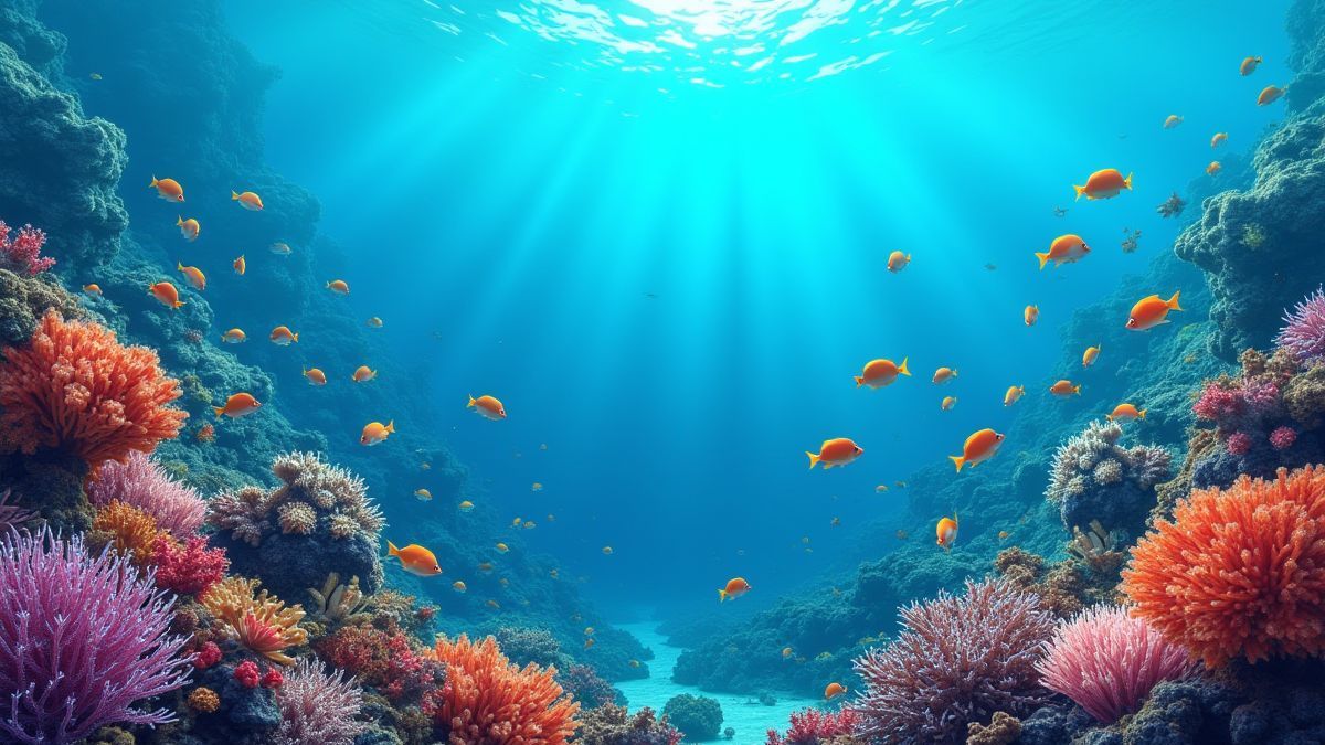 Arrecifes de coral e peixes exóticos em um ambiente submarino.