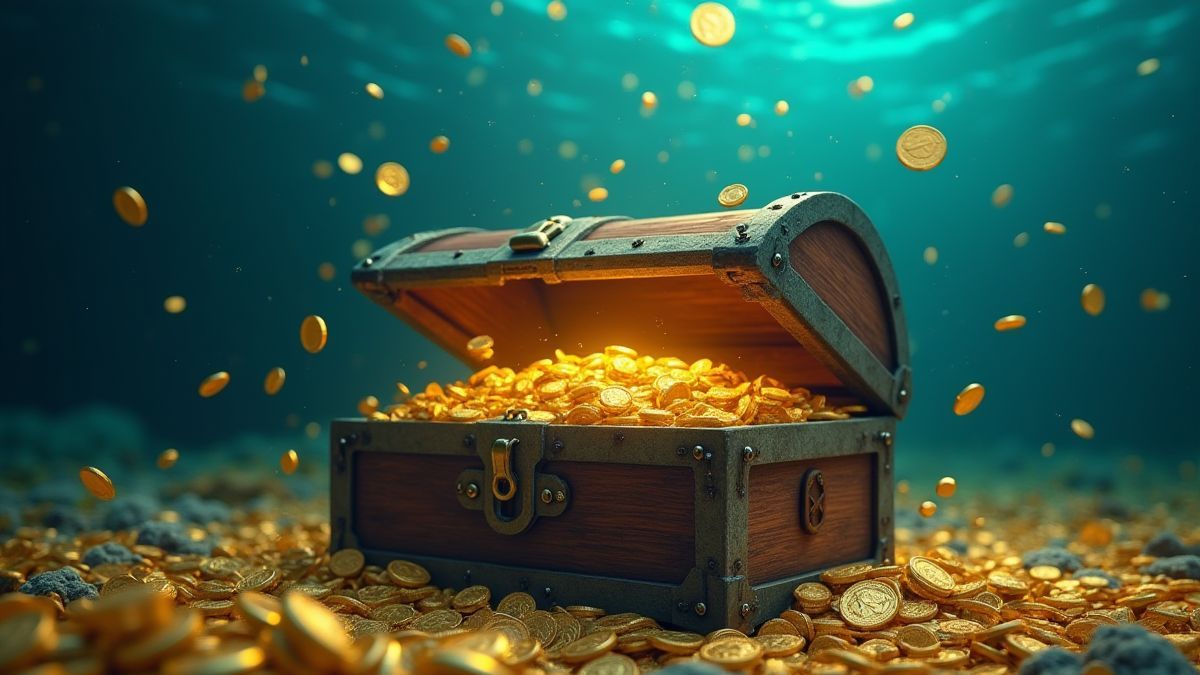 Cofre do tesouro rodeado de moedas de ouro debaixo d'água.