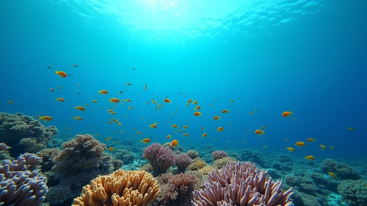Corais e peixes tropicais em um paisagem submarina.