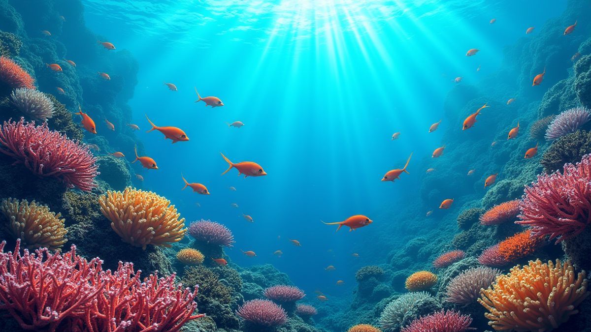 Vista de corales submarinos vibrantes con peces nadando alrededor.