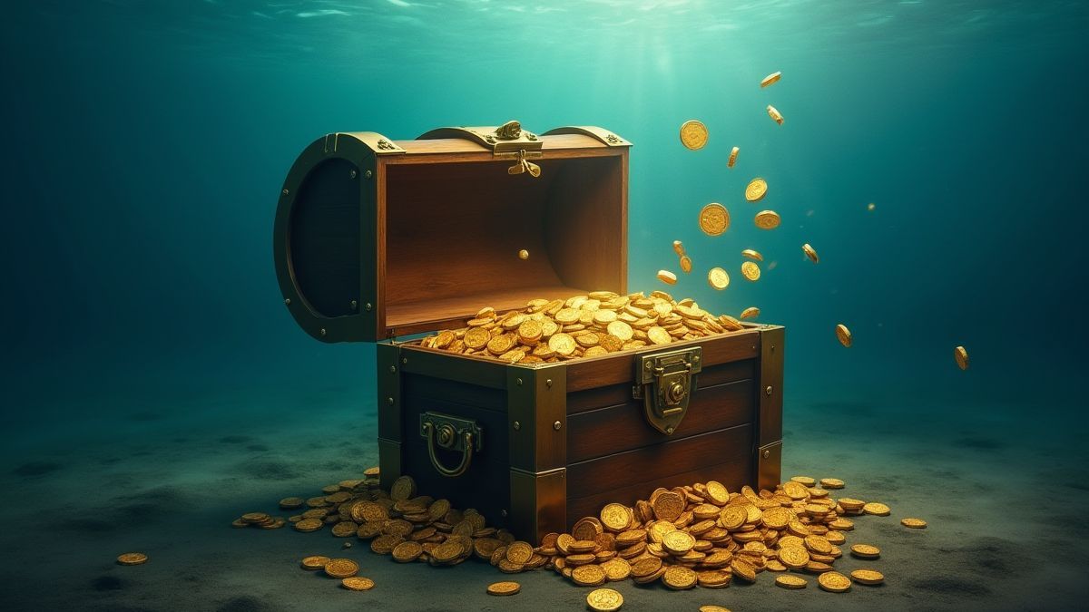 Cofre del tesoro abierto bajo el agua con monedas de oro saliendo.