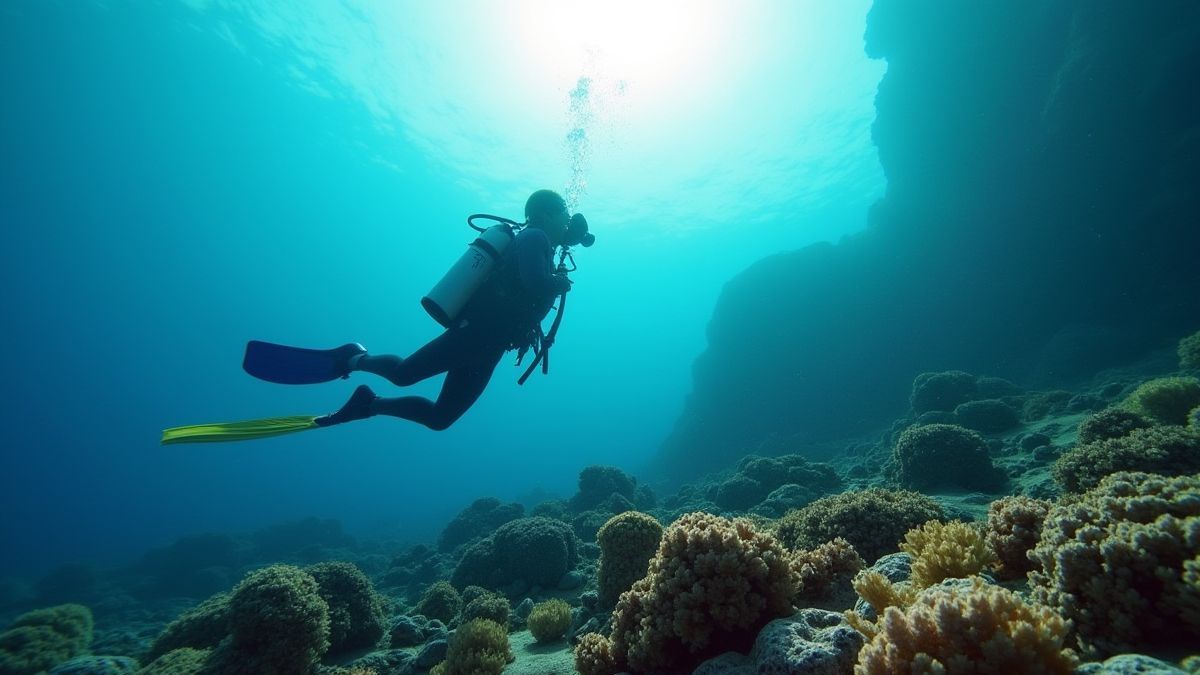 Buzo explorando un arrecife de coral con luz solar filtrándose a través del agua.