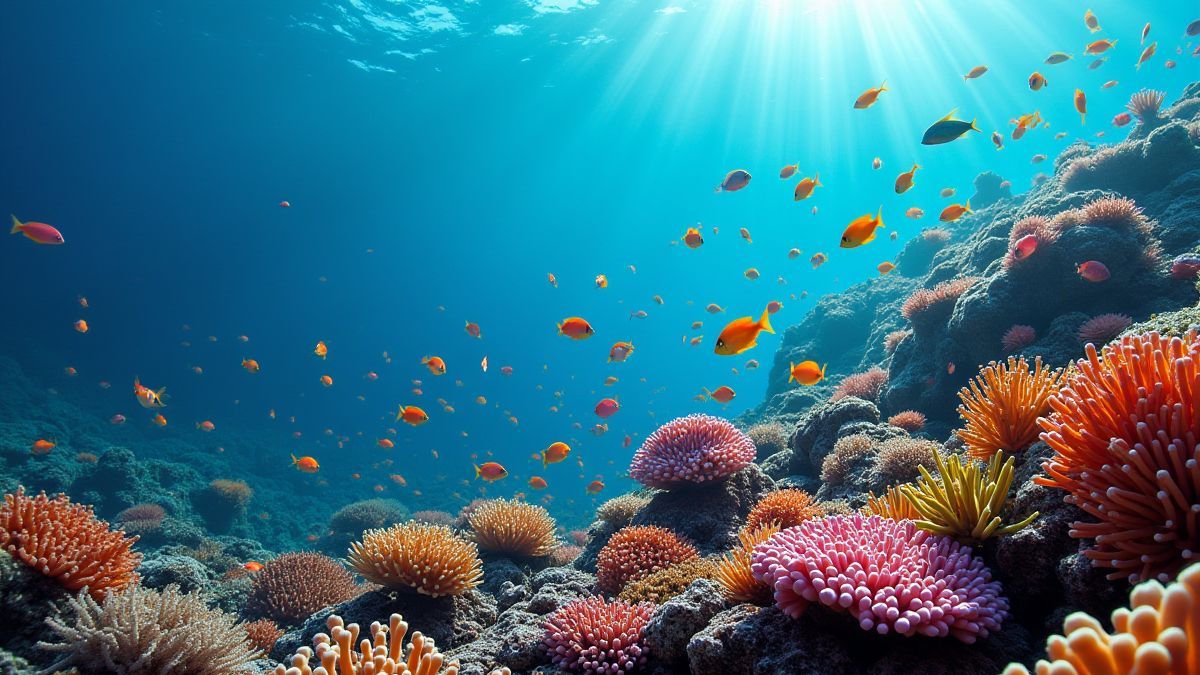 Corales vibrantes con peces coloridos nadando alrededor.