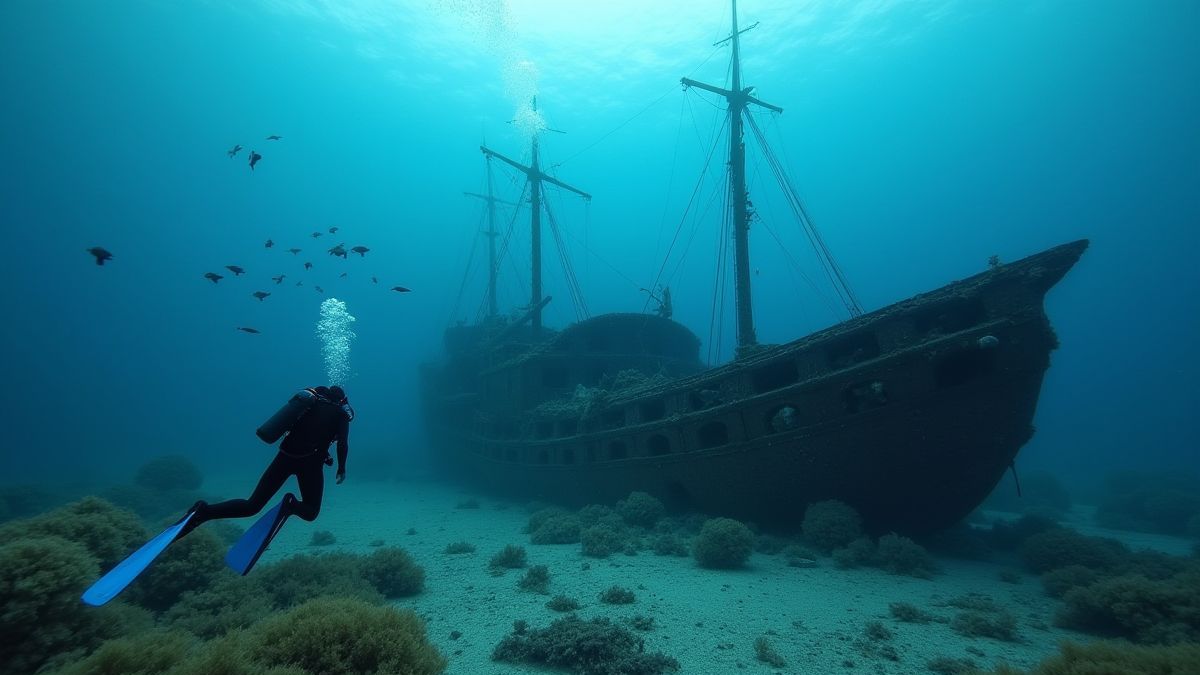 Buzo explorando un naufragio rodeado de vida marina.