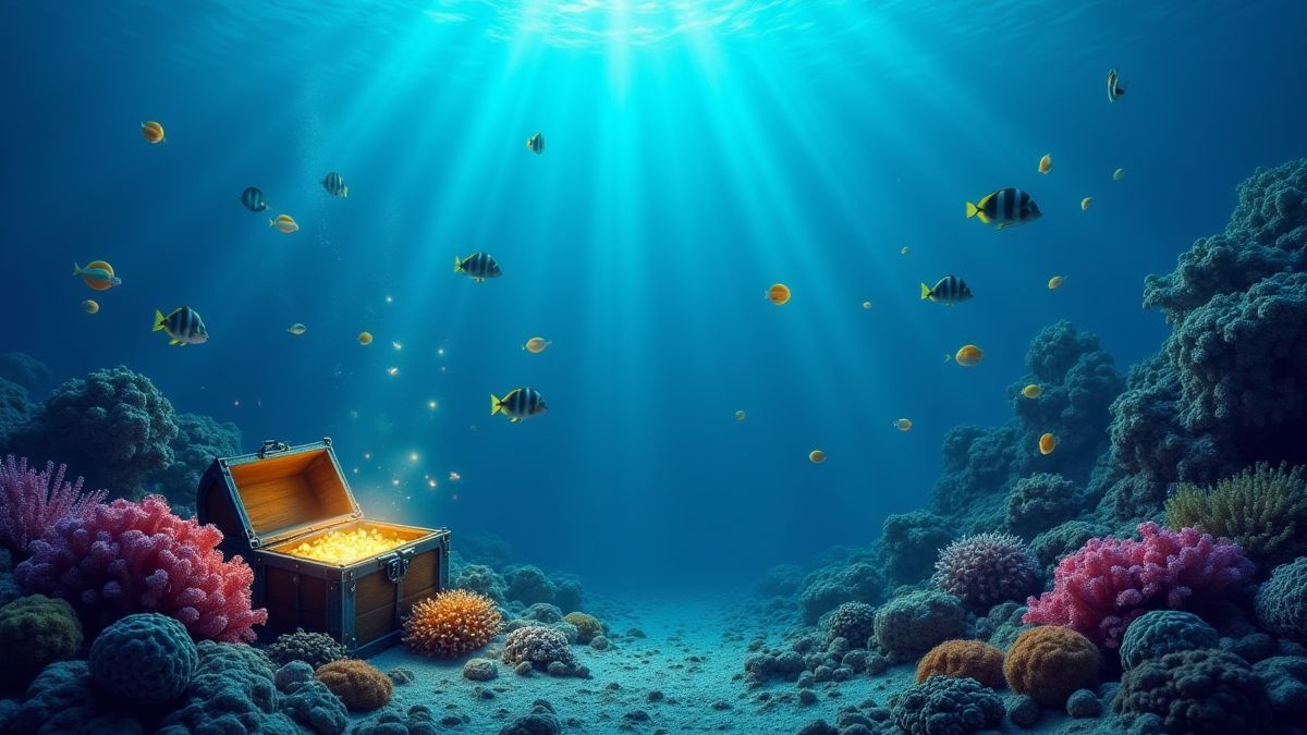 Arrecifes de coral y peces brillantes.