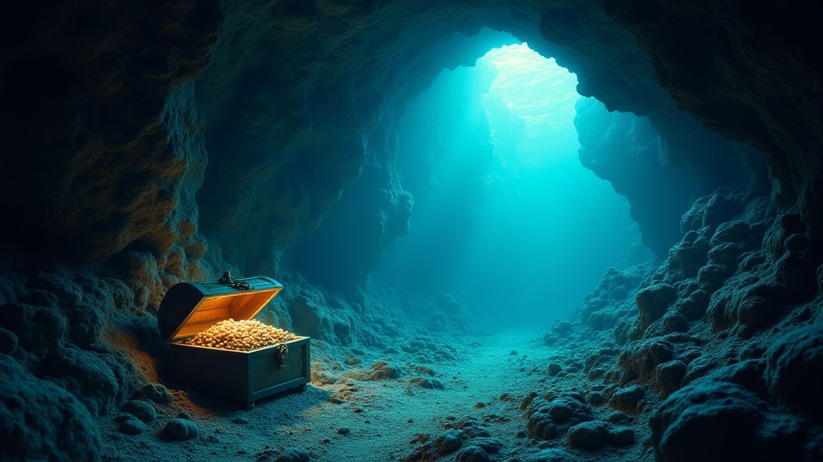 Una cueva submarina llena de tesoros brillantes.