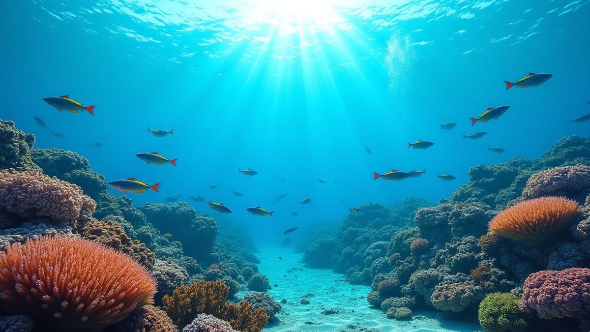 Scène sous-marine avec des récifs coralliens et des poissons exotiques nageant.