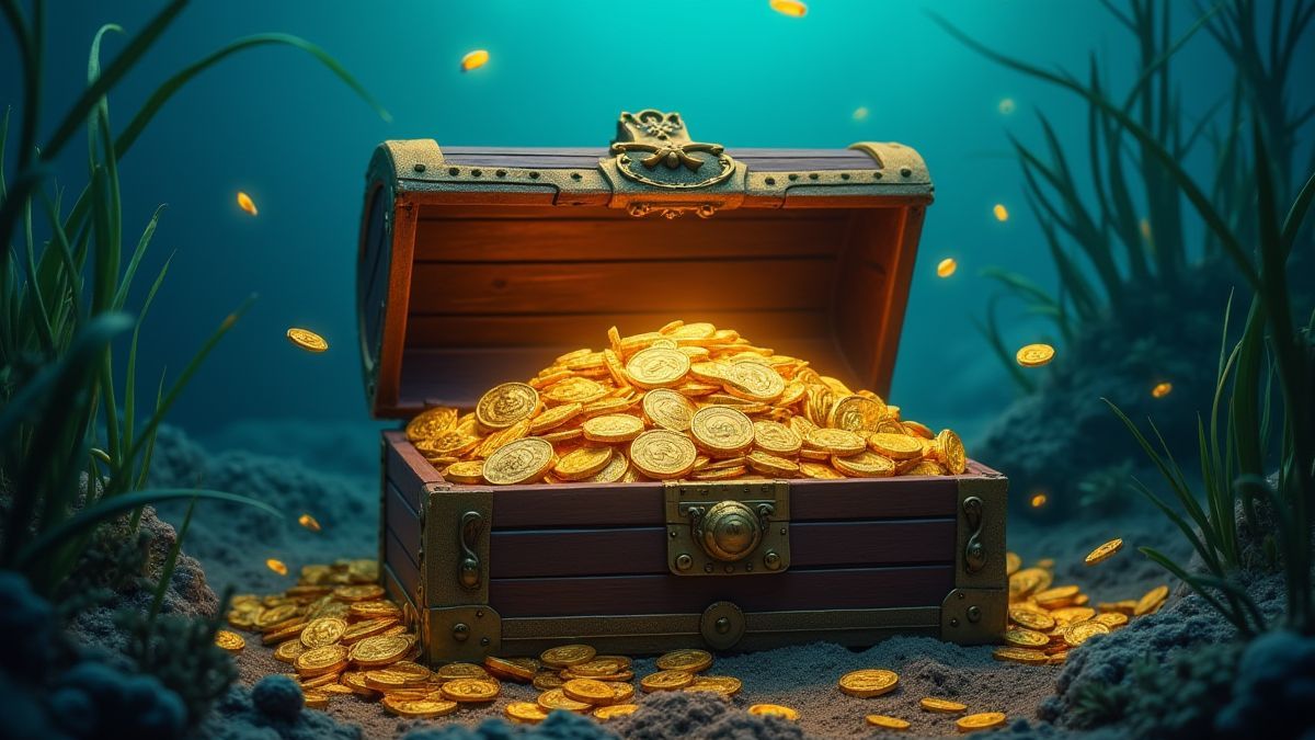 Coffre au trésor rempli de pièces d'or et de bijoux au fond de la mer.