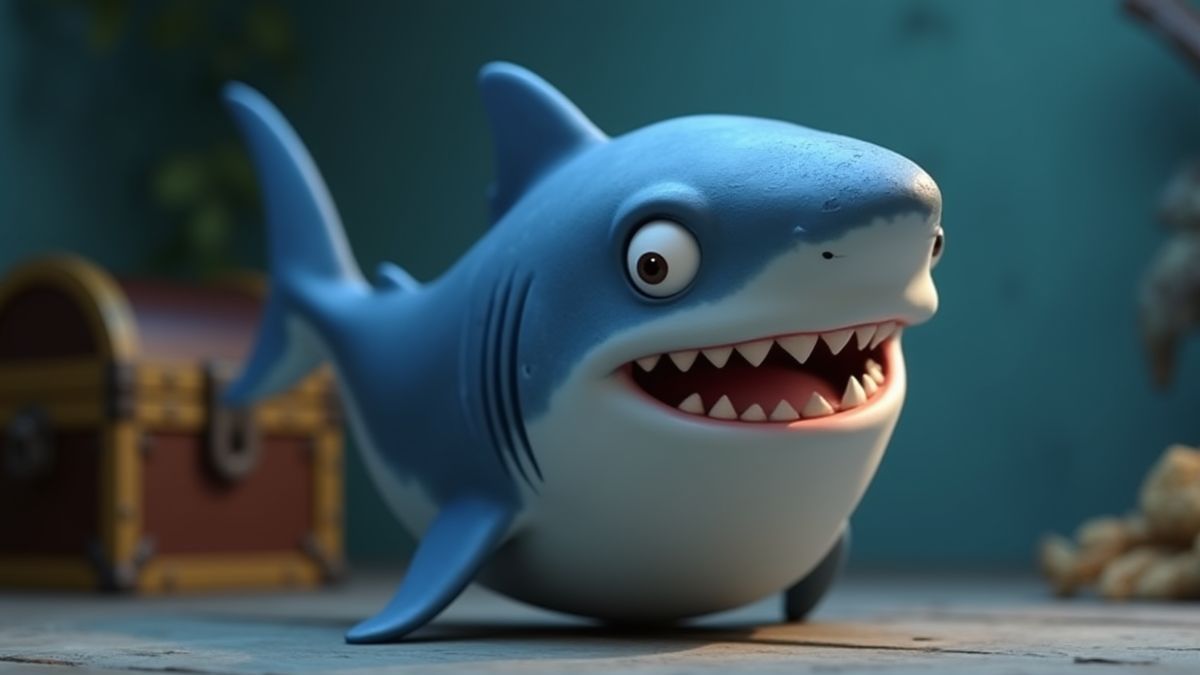 Um tubarão animado ao lado de um baú do tesouro.