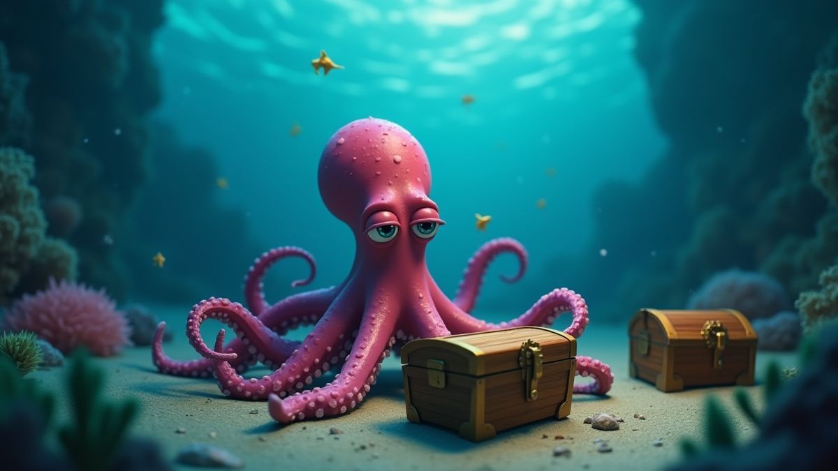 Um polvo cuidando de baús do tesouro debaixo d'água.