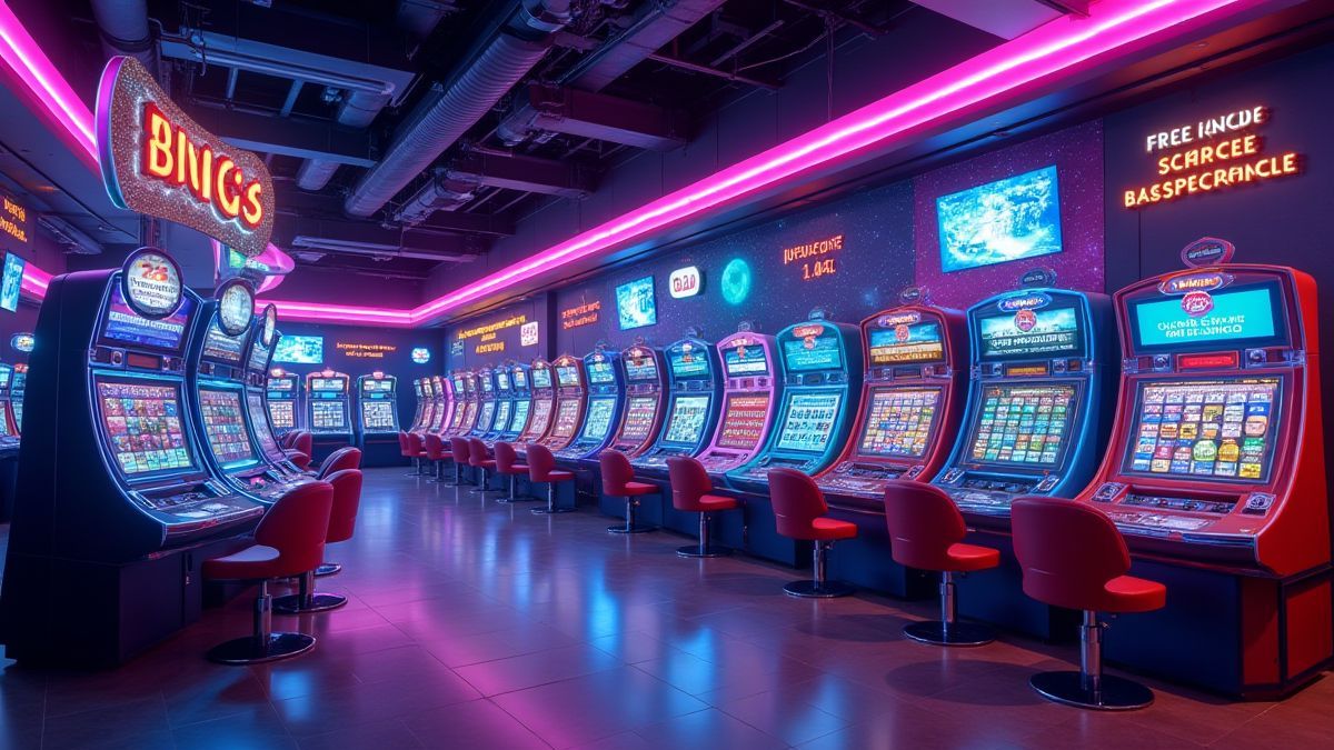 Una sala de bingo futurista con luces de neón y decoración temática de galaxias.