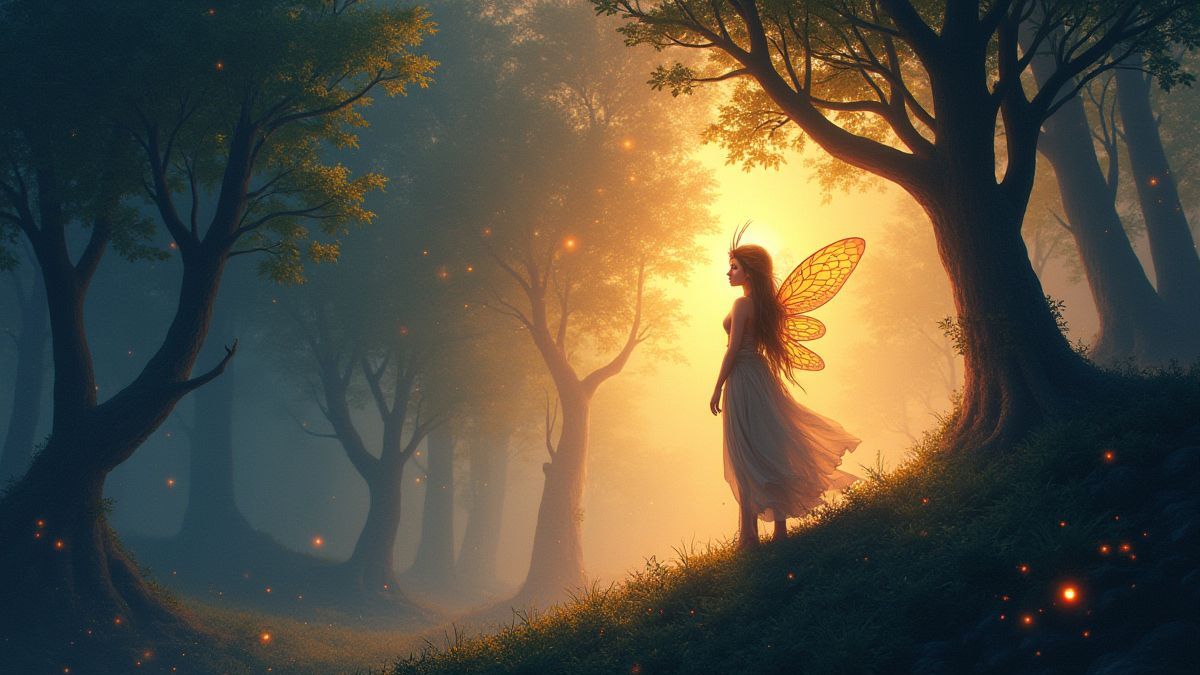 Una hada guerrera en una colina mágica rodeada de árboles iluminados.