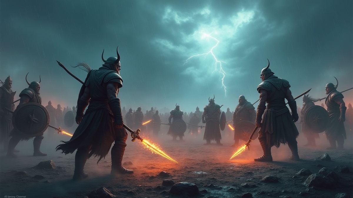 Viking warriors in a futuristic realm under a stormy sky.