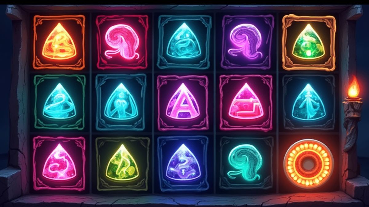 Glowing rune symbols surrounded by colorful frames on a reel.