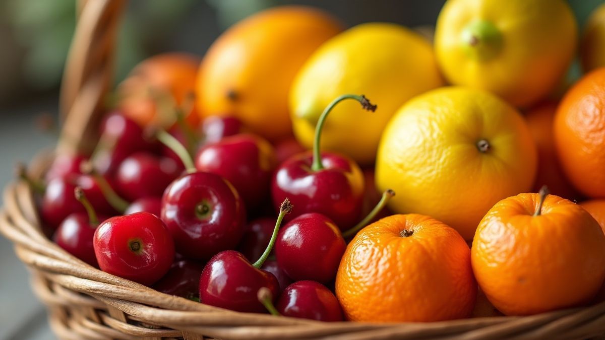 Lebendige Früchte wie Kirschen, Zitronen und Orangen in einem Holzkorb.