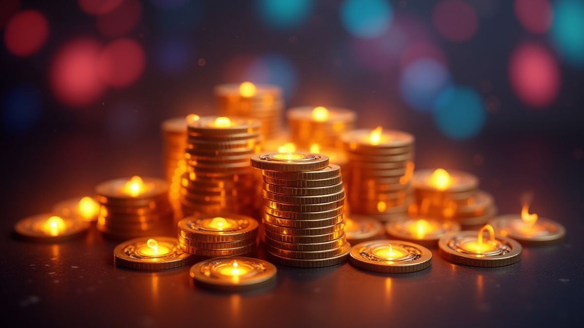 Eine Casinoumgebung mit leuchtenden Münzstapeln, die potenzielle Gewinne darstellen.