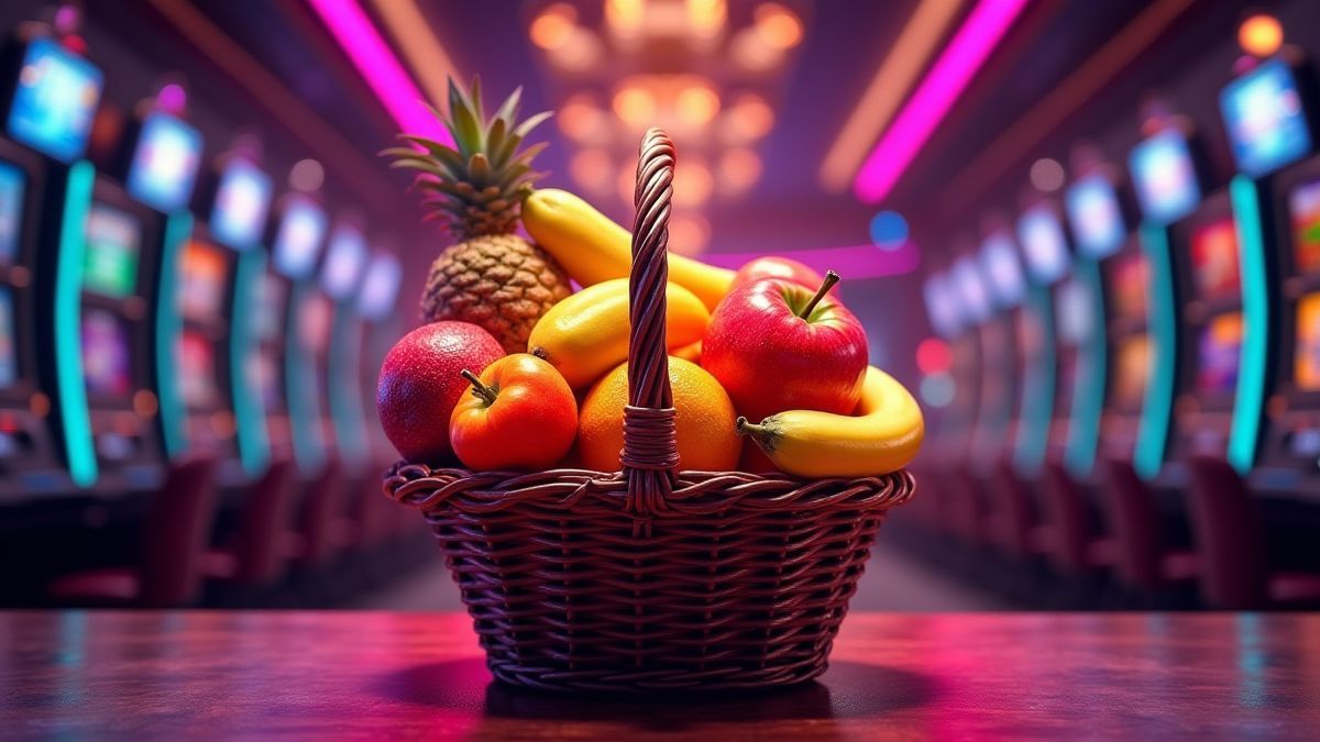Una cesta de frutas vibrantes con efectos de neón en un ambiente de casino.
