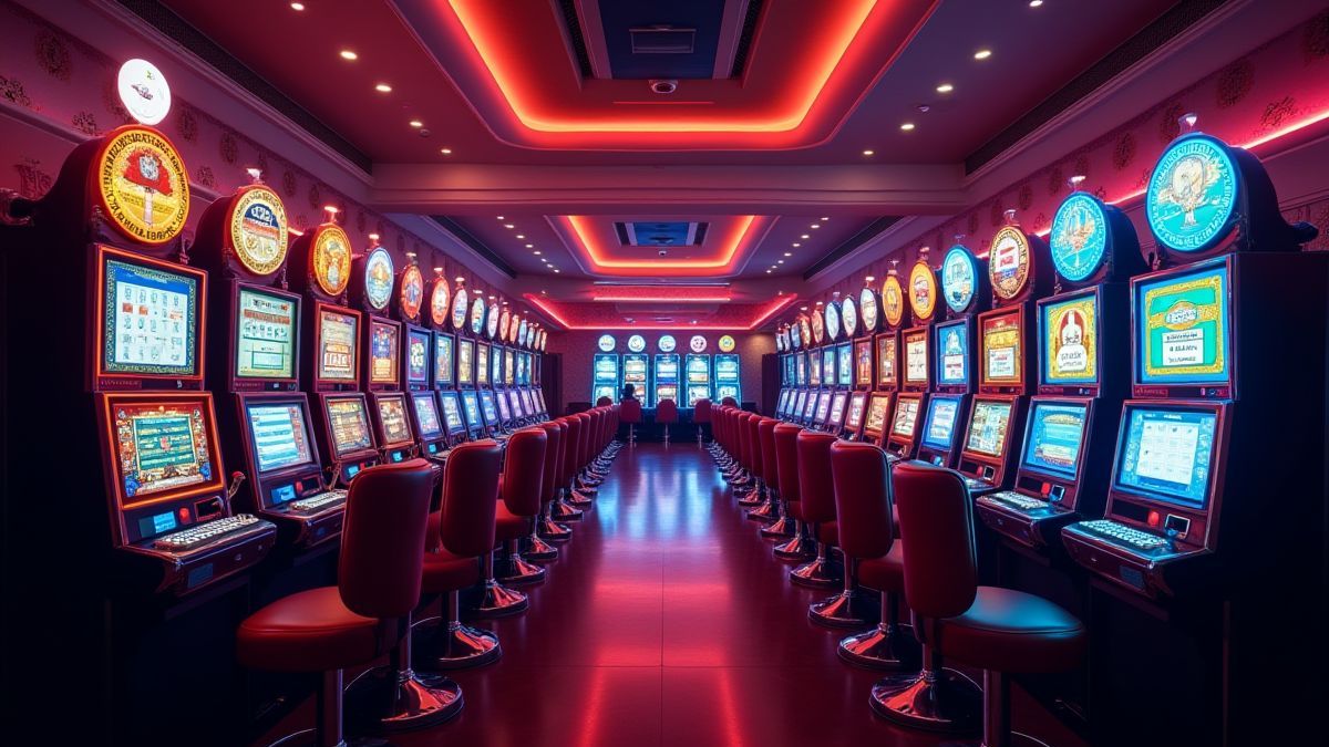Interior de un casino retro con luces coloridas y símbolos clásicos de máquinas tragamonedas.