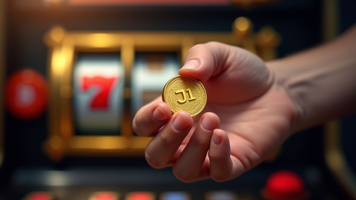 Una mano sosteniendo una moneda dorada mientras una máquina tragamonedas gira al fondo.