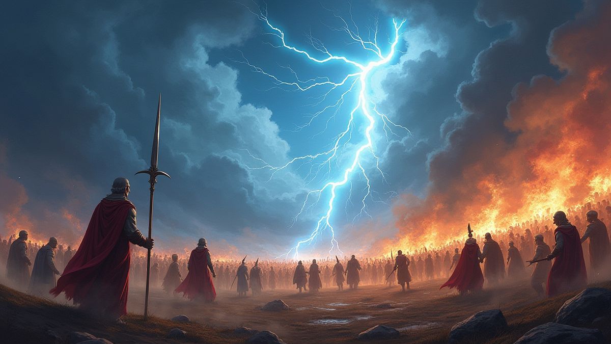 Champ de bataille mythologique avec des dieux et des éclairs.