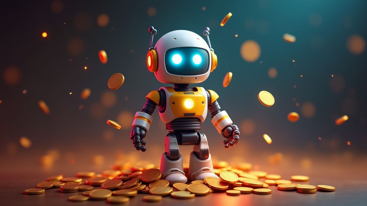 Robot symbol surrounded by coins and glowing effects.