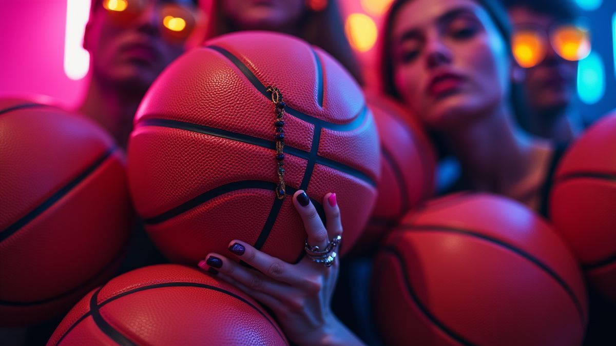 Escena de fiesta con colores neón y accesorios temáticos de baloncesto.