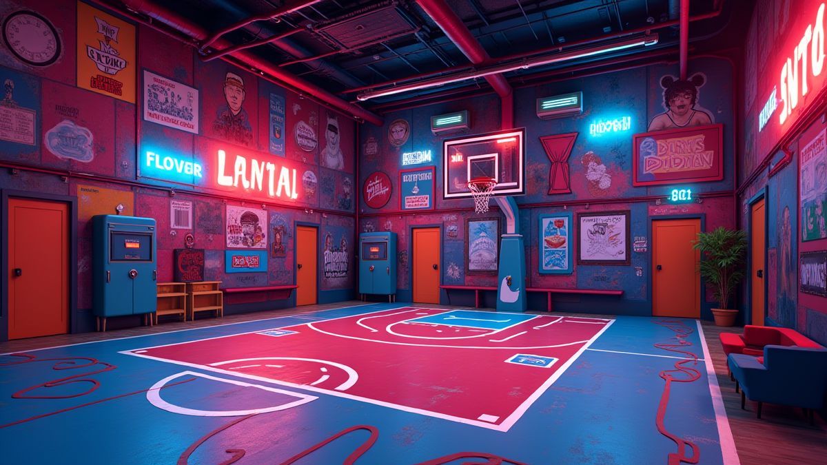 Cancha de baloncesto con luces neón y decoración temática de Dennis Rodman.