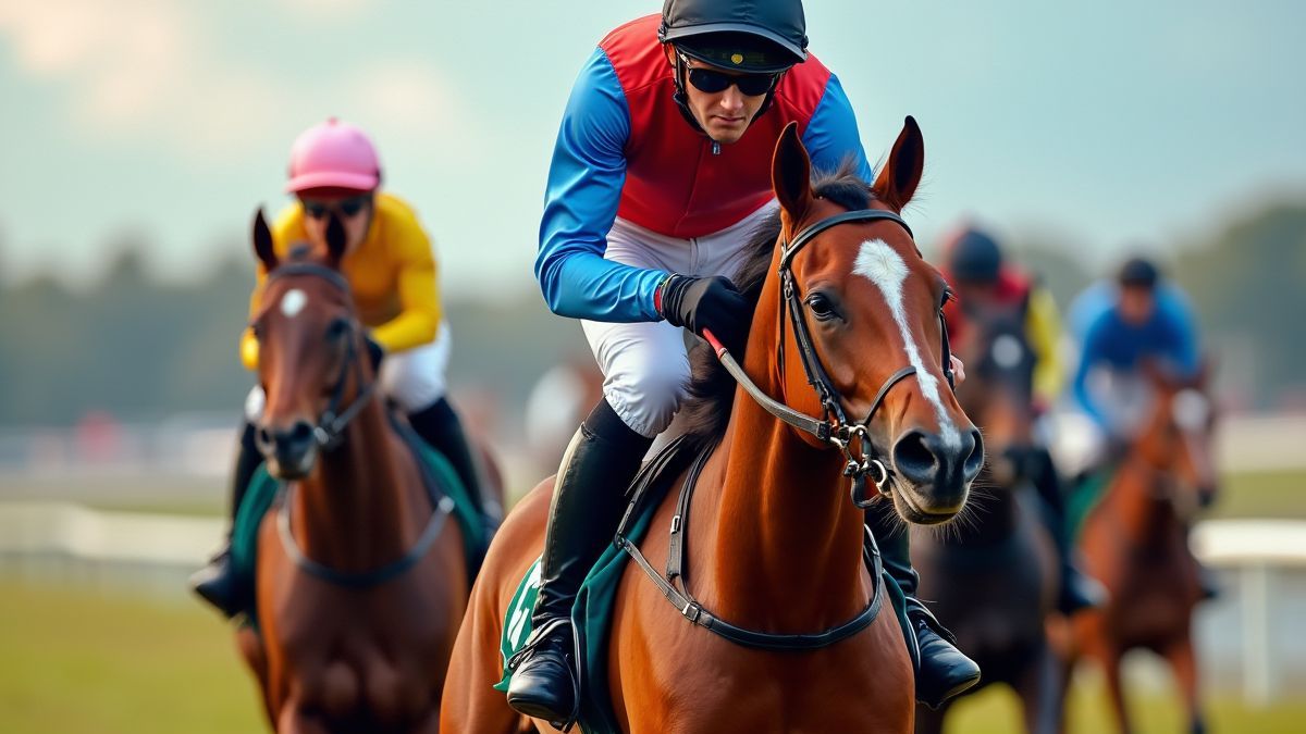 Jockey riding a moving horse.