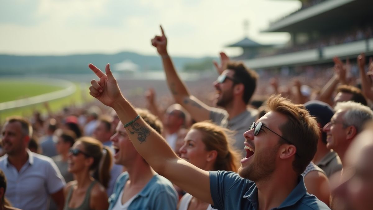 Audience cheering in a horse racing stadium.