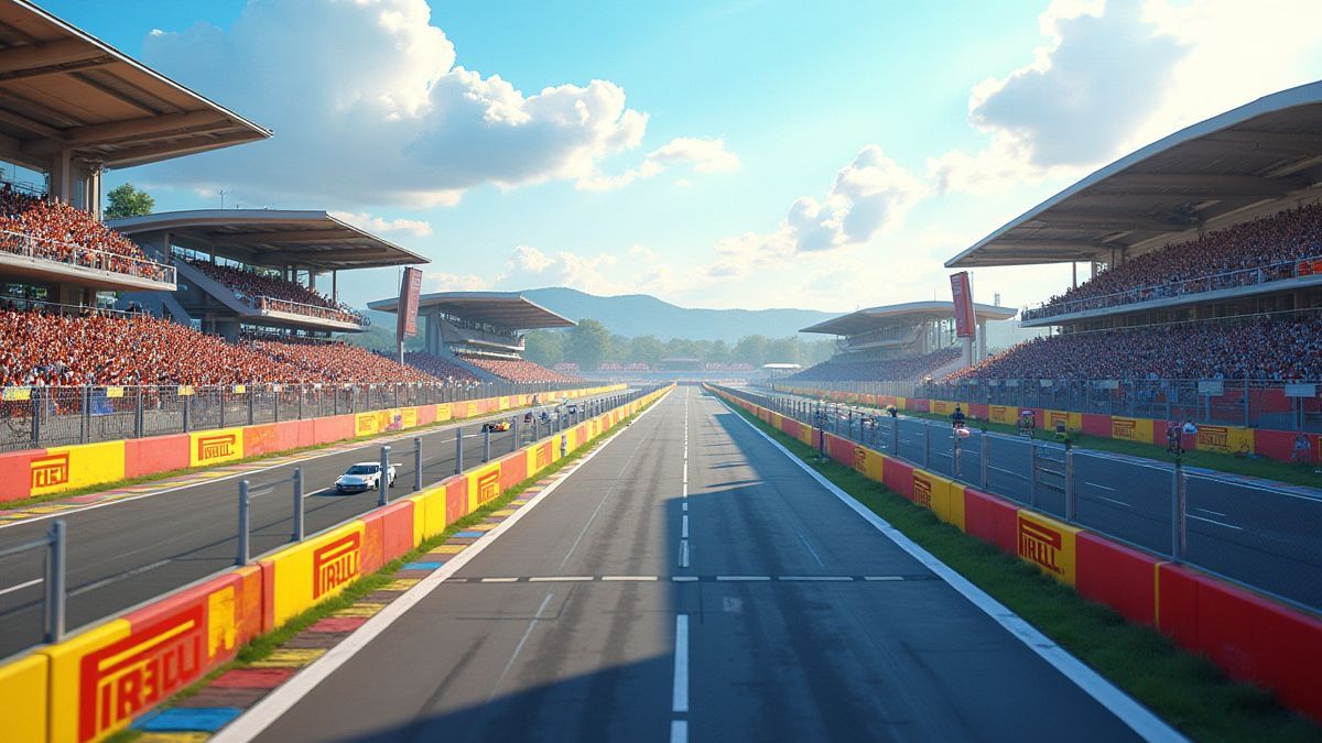 Une piste de courses avec public enthousiaste et bannières colorées.