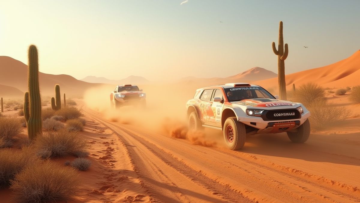 Corrida no deserto com carros rápidos e paisagens áridas.