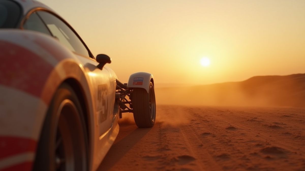 Carro de corrida em um circuito polvorento ao pôr do sol.