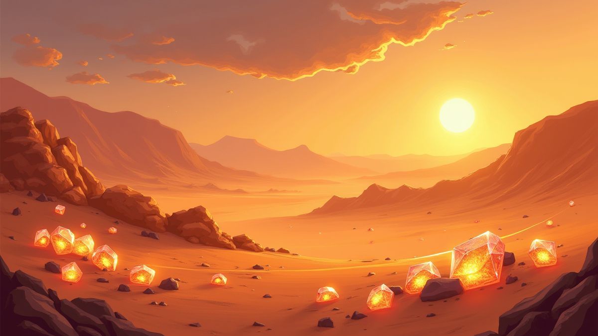 Strahlende Edelsteine verstreut über eine goldene Wüstenlandschaft.
