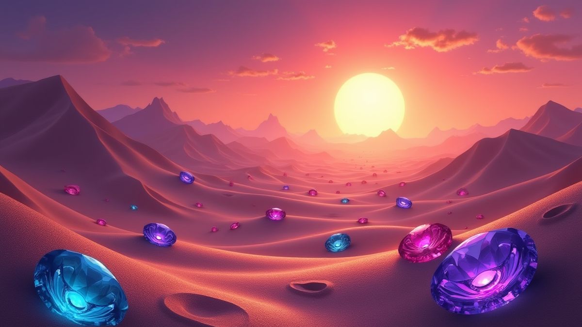 Eine mystische Wüstenumgebung mit Dünen und leuchtenden Edelsteinen.