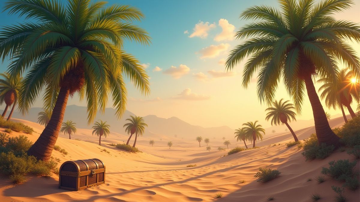 Oasis del desierto con palmeras y un cofre del tesoro.