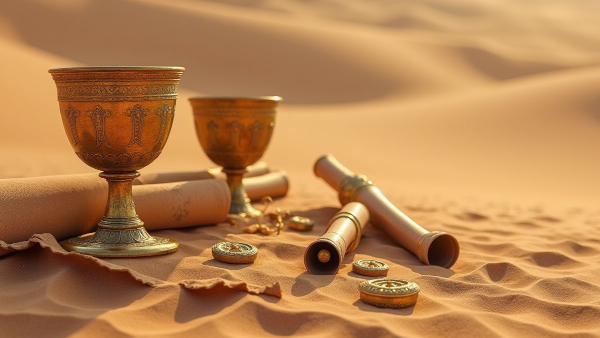 Artefakte antiguos como copas doradas y pergaminos en la arena del desierto.