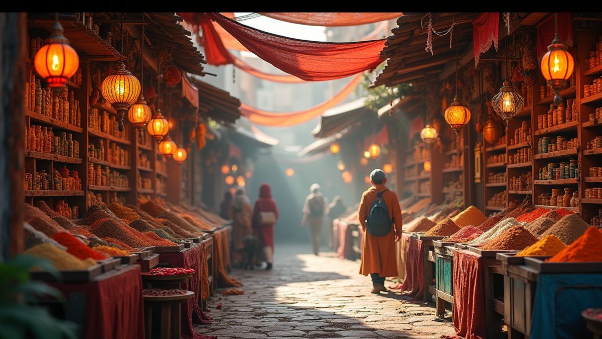 Un marché arabe animé avec des stands colorés et des épices.