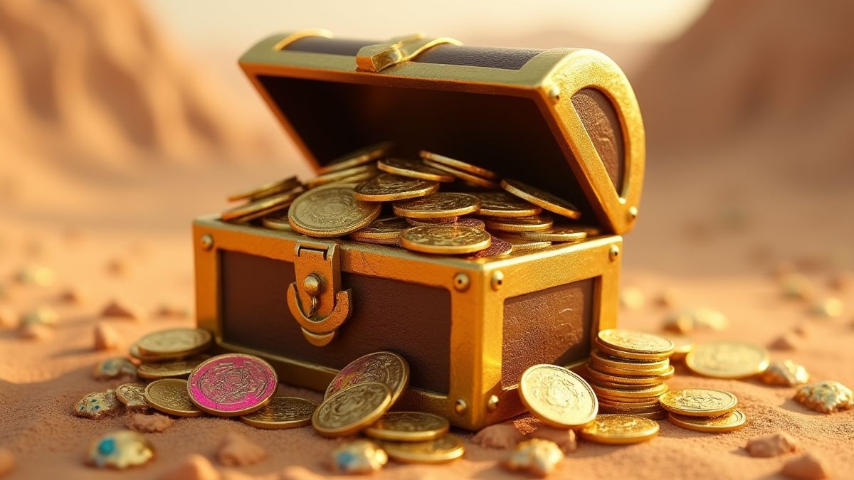Un coffre au trésor doré rempli de pièces et de bijoux.
