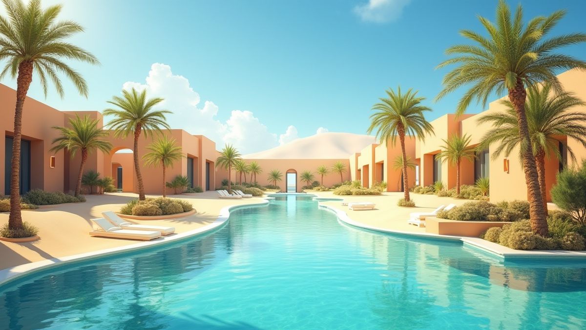 Un oasis dans le désert avec des palmiers et de l'eau cristalline.