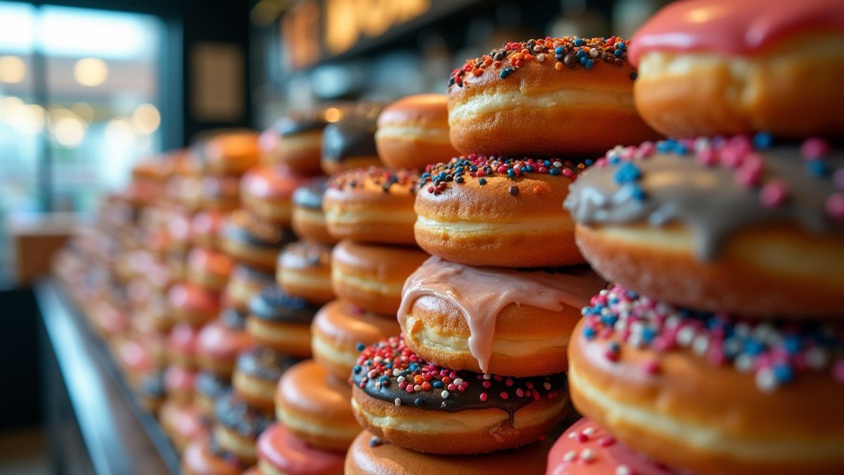 Bunte Donuts in einer Polizei-Themen-Bäckerei.